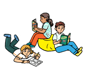 Une illustration jeunesse avec des couleurs vives et des traits de contour noirs où deux enfants lisent des livres et un enfant dessine une page de bande dessinée avec un crayon.